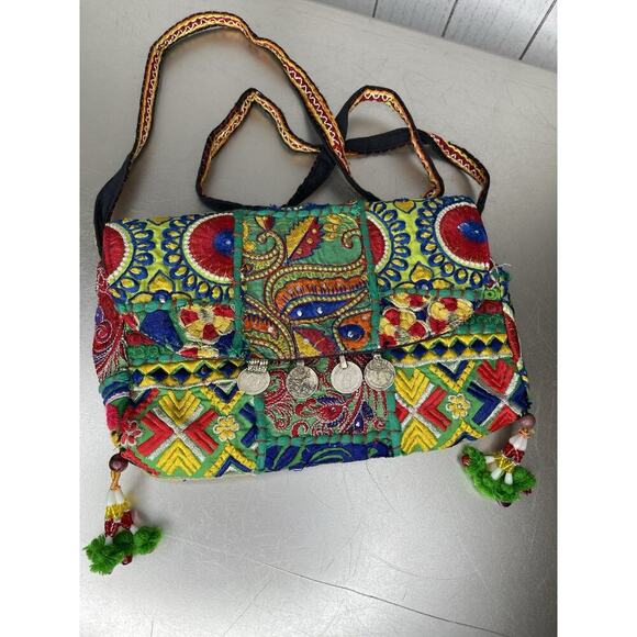 Vintage Boho Banjara Crossbody Handbag Festive Sequin Embroidery Coin Accent - Picture 1 of 9